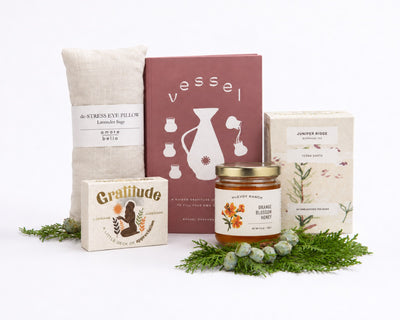 The Gentle Reset: lavender sage eye pillow, Vessel gratitude journal, Juniper Ridge yerba santa tea, McEvoy Ranch orange blossom honey and a gratitude card deck