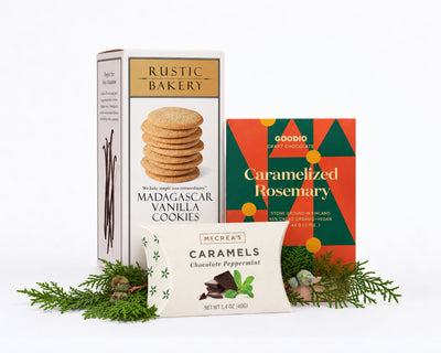 Sweet Tooth Bundle: Rustic Bakery Madagascar vanilla cookies, Goodio caramelized rosemary chocolate and McCrea's chocolate peppermint caramels with greenery
